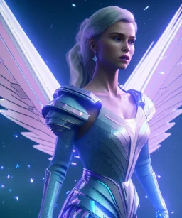 A crystalised queen, atmospheric, realistic, unreal engine, cinematic lighting, octane render. blue, pink, transparency, light, shine,bright, full body, transparent wings, blonde, long hair, nice smile