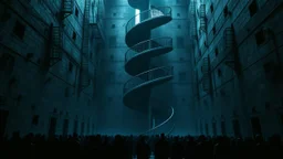 Many Stairs between walls and buildings in bleak prison, a big vertical spiral massive staircasel, the end of which cannot be seen, underneath many black human silhouette, dark blue and gray colors, cold, grim vibe, high detailed, surreal, dark, cinematic
