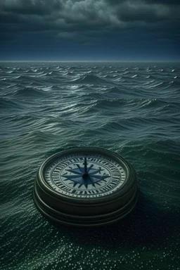 Animation compass is swimming and lost in a huge and real ocean and there was storm