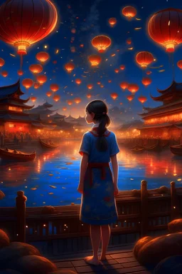 Overall warm colors with a bit of cool colors,fireworks shows,performances,lively Chinese market nights,movie-like scenes,dramatic scenes, (best quality) (masterpiece) (highres),illustration,original,extremely detailed wallpaper,1girl,beautiful detailed sky,beautiful detailed water,cinematic lighting,dramatic angle,extremely detailed CG unity 8k wallpaper,cinematic highlight hair,studio photography,