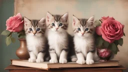 Three kittens surrounded by books and vase full of roses on vintage cabinet