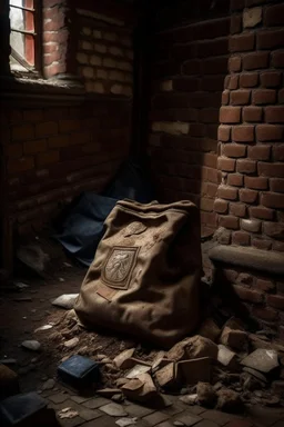 in a LARGE BASEMENT, half-buried in the earth, an ancient, worn-out, worn-out, torn-side valise peeks out, from which gold coins from the time of Catherine the Great fall out. The ancient coat of arms of Russia, the double-headed eagle, is BARELY VISIBLE on the bag. There are a lot of broken bricks and earth around the bag. All in high quality 8K