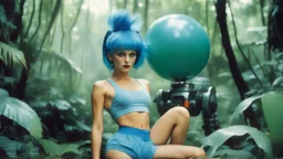 [photo by Norman Parkinson for Sears] blue hair Bulma from dragon ball, in her crop top and high-waisted balloon shorts in the jungle; she works on a womaniser robot