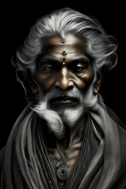 a photo of an Hindu man with ethnic jewelry, grey hair and grey flowing robe, in style of Annie Leibovitz, contemporary portrait of a mature yet beautiful and modernist man, black and grey, detailed masculine face, swirling fluid smokey enigma, award-winning artwork