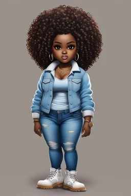 create a digital image of a plus size chibi dark skinned Black female wearing a light blue jean outfit with timberland boots. Prominent make up with brown eyes. Highly detailed tight ombre curly afro 2k