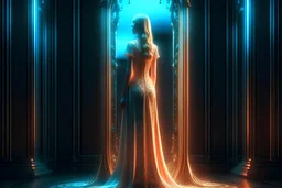 a girl in a long beautiful dress stands in front of a mirror, reflection of a figure in the mirror, 3D rendering intricate details, highly detailed, iridescent and luminescent scale, breathtaking beauty,