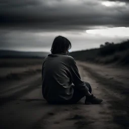 A sad person sits in the middle of a dark dirt road and looks back