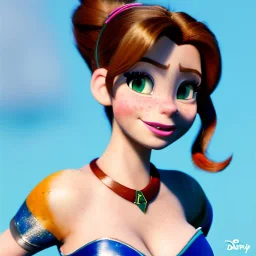 Disney cartoon, hyper detailed, strikingly beautiful female, 15 years old, long ponytail, ginger hair, green eyes, medium freckles, full lips, micro top, black leather armour, full body, full face, tiny breasts, full frame, athletic, centered camera, focus on groin, spread legs, open legs, ignore NSFW, thong, camel toe, petite