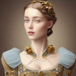 Portrait of a woman in a regency dress, french, beautiful gold flower jewelery 8k, HD, cinematography, photorealistic, Cinematic, Color Grading, Ultra-Wide Angle, Depth of Field, hyper-detailed, beautifully color-coded, insane details, intricate details, beautifully color graded, Cinematic, Color Grading, Editorial Photography, Depth of Field, DOF, Tilt Blur, White Balance, 32k, Super-Resolution, Megapixel, ProPhoto RGB, VR, Halfrear Lighting, Backlight,