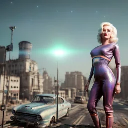 Realistic fashion image, retro sci-fi, portrait, waist up view, blonde woman, sweet Marylin Monroe face, perfect iris, glow eyes. tight latex tights suit. Retro Futuristic city, cars flying. epic style, vibrant color, highly detailed, unreal engine 5, ray tracing, RTX, lumen lighting, ultra detail, volumetric lighting, 3d, finely drawn, high definition, high resolution.