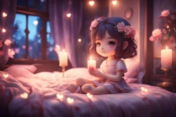 Cute chibi girl in a bedroom at night, flowers in candlelight, heart and love, ethereal, cinematic postprocessing, bokeh, dof Weight:1 detailed matte painting, deep color, fantastical, intricate detail, splash screen, complementary colors, fantasy concept art, 8k resolution trending on Artstation Unreal Engine 5 Weight:0.9