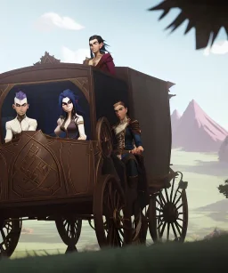 Fantasy Adventurers inside a traveling caravan, horse carriage