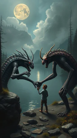 Bosch painting style nightmare , 3D , 2 creatures hand in hand by the lake from distanthigh Quality picture , 8k