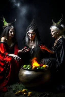 The three witches from macbeth sitting around a steaming cauldron, the one on the left dressed as lady macbeth holds a crown, the middle one dressed as a alluring Spanish gypsy and the one on the right, naked apart from a fig leaf, is holding out an apple