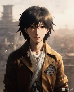 Detailed sad male anime boy with long brown hair, intricate details, full body portrait, keep head in frame, slight, black Japanese motif, concept art, highly detailed, digital painting, concept art, sharp focus, illustration, art by Yoji Shinkawa, WLOP and greg rutkowski and alphonse mucha and artgerm and yanjun Chen and Junji ito and Makoto Shinkai, HDR, octane render