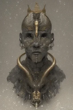 shiny black male African Egyptian alien, cracks in the voodoo head, wicked, eyes, crown, Elephant, 8k, finely detailed, photo realistic, tiger turquoise skull head gold dragon space alien snow skeleton gold hornytoad silver crown silver eyes