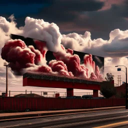 surreal full color photograph, long shot of a billboard on side of a highway containing a modern mural of giant smokestacks spewing thick crimson billowy smoke that transgresses the billboard pouring into the real sky congealing into a cloud on the horizon, surreal, sophisticated, profound, dramatic