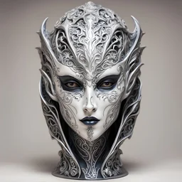 dungeons and dragons; a porcelain elven lady death mask with ornate silver filigree.