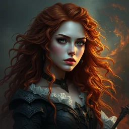 a beautiful fantasy woman, young, ginger hair, insane, dark fantasy art
