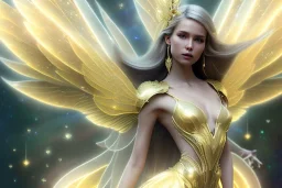  beautiful cosmic fairy, long hair, golden skin, nice smiling, transparent wings, magic glamour make up, delicate colors, beautiful glamour galactique dress, ultra sharp focus, 8k, unreal engine 5, extremely sharp detail, light effect, soft light atmosphere of a spaceship, smooth, full of details, face in front, complete vision of face and hair and body