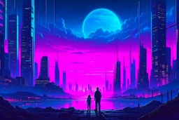 retrowave cyberpunk city, moon, clouds, people, sci-fi, epic