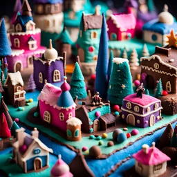 Close-up photograph of a fake city land-of-toys with detailed vintage toys made of cake-frosting and felt, strong texture, extreme detailed, movie shot, rich moody colors, sparkles