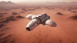 Highly detailed spaceship flying through the dessert above mars, image capturing the dynamic and implied movement, establishing shot, mars desert, peach light, movie still, Phantom High-Speed Camera style raw