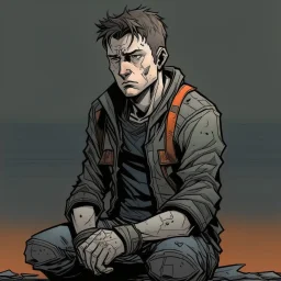 man, ethan hawk, looking at the floor, looking serious, comic book, post-apocalypse, grey background, illustration,