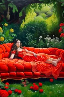 Oil painting Princess lying in the middle of a garden On a sofa and a red cover that covers her body from below only