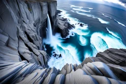 massive intimidating rock cliffs ascend all around and further up out of view. far below, the stormy ocean swirls intimidatingly. The ocean water falls off a waterfall down into unknown depths.