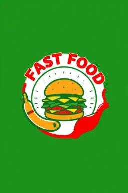 A circle logo designed for fast food with fast food writing and a big hamburger and fried green sausage and ketchup around with red and yellow colors suitable for fast food.