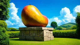 A surrealist painting depicts a large sculpture in the shape of a piece of fruit, made of stone blocks, resting on a stone pedestal. The sculpture has a smooth, curved form with visible cracks and imperfections in the stone. The pedestal is also made of stone blocks. The sculpture and pedestal are set in a lush green landscape with dense vegetation in the foreground and a distant, diffused view of trees and hills under a bright blue sky with scattered clouds. The lighting is soft and diffused, c