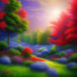 blue sky, red flowers, green trees, purple bushes