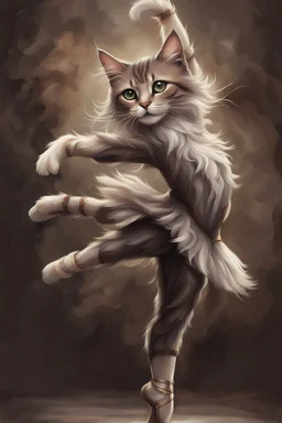 mesmerizing fantasy illustration featuring a feline dancer in a captivating ballet pose. The cat's fur is a blend of soft, muted tones, with one paw raised above its head and the other stretched out to the side. Its eyes are wide open, displaying an expressive and captivating look. The background is a muted brown, creating an atmosphere of mystique.