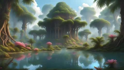high-quality, fine-detail beautiful, breath-taking forest with gnarled trees, flowers, clear reflective lake, tranquil, stunning, 8k resolution, intricate, digital art, detailed matte, jungle palms temple indian