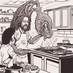 Ancient aliens cooking meat on fire in kitchen