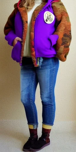 Brunette.thick thighs,thick calves,flat belly,curvy fell. big head. Mantle is sewed of upcycled Denim and sewed together of camouflage pieces. Pieces' color are orange, cream and purple. It is with big bright purple felt tippet and cream-colored-hood. mantle is merged with satchel. . Big AKG-style headphones (gold rings!) is merged with small felt cap with small visor. Style: Haute Couture in 1910's Germany, N.Y.C fashion in 1996, inspired 2023 Paris