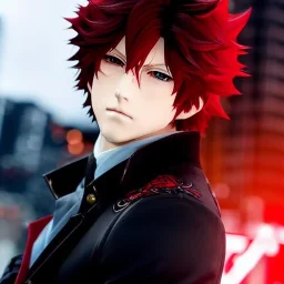 Detailed anime boy, crimson red hair, long classic taper hairstyle, dante dmc5 hairstyle, wolf ears protruding out, white trench coat, intricate details, full body portrait, keep head in frame, slight smile, black Japanese motif, concept art, highly detailed, digital painting, concept art, sharp focus, illustration, art by Yoji Shinkawa, WLOP and greg rutkowski and alphonse mucha and artgerm and yanjun Chen and Junji ito and Makoto Shinkai, HDR, octane render, highly detailed