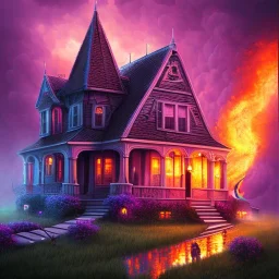 a house on fire in a hurricane, upper body of purple devil with spear