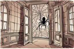 One day at night, there was a long window open, and inside the palace there was a dark room, and the window of that palace was broken and had a spider web in it, and the picture appeared from the outside. Someone was looking at someone inside, cartoon, 2D.