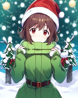 Girl with short brown hair, red eyes, green sweatshirt with a horizontal yellow stripe, he is wearing a Christmas hat, and in the background there are trees in the cold winter with lots of snow, Anime Hq style