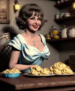 Ultra realistic photographic portrait, happy young Gina Lollobrigida woman sitting with arms resting on Italian kitchen table, pretty tortellini dish, retro dress by 1960, classic style decoration, cold, soft color, highly detailed, unreal engine 5, ray tracing, RTX, lumen lighting, ultra detail, volumetric lighting, high definition.