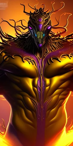 golden venom symbiote with big muscles and big claws and purple smoke background