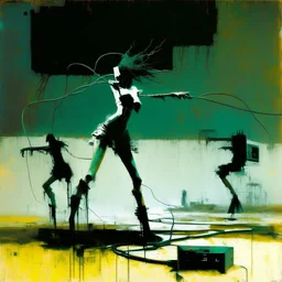 Dystopian future women with a twisted body dancing with retro monitor head and handing wires. In desolate landscape at night. With a concrete decaying blocks. Abstract oil painting in style of Justin Mortimer and Phil Hale