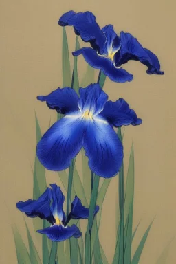 a Japanese painting of a blue iris by artist "Hiroshi Kobayashi"