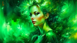 collage, old paper, slightly worn edges, alcohol ink, hyperdetail, portrait of a translucent woman surrounded by a rich dark green background with a slight mist and otherworldly glow, which creates a dreamy and ethereal atmosphere, Anna Razumovskaya, Anna Dittmann, Luis Royo