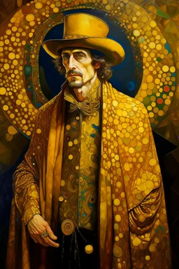 beautiful painting of a extremely handsome man in a golden cape and yellow hat, with multiple eyes on his body in the style of Gustav Klimt. full body portrait features geometric shapes, beautiful colors, golden light, and a dark background. the composition is beautiful, with sharp focus and high resolution.