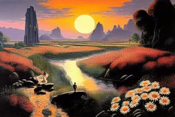 Beautiful epic sunset, logan's run 1976 movie influence, cosmic, people, rocks, holiday influence, river, flowers, very epic and philosophic, camille pissarro impressionism paintings