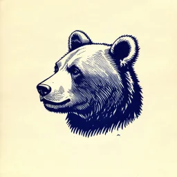 sideview of bear head, 70s comics style, block print with indigo ink on creamy paper texture, strong contrast