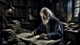 In a dark corner of his old laboratory filled with books and strange tools, researcher Dr. Alexander standing in front of a wooden table covered with old paper and manuscripts. His blue eyes were studying the pages of the books intently, and his thick gray hair was falling gently on his forehead. His facial features exuded a whiff of wisdom and determination. In the middle of this dark laboratory, a faint light glows streaming from a narrow window opening. This light flows through the mines of